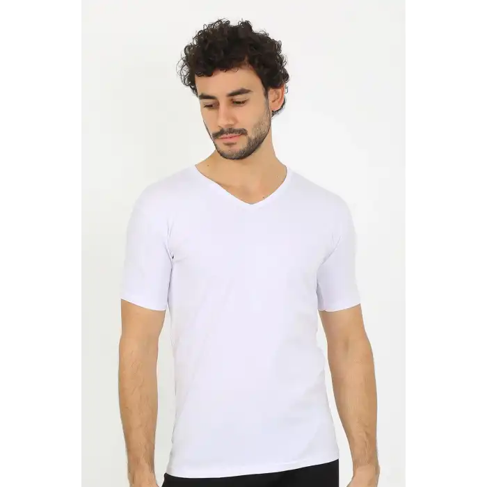 Erkek Likralı V Yaka Beyaz T-Shirt