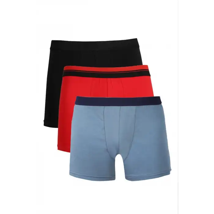 Erkek Penye 3lü Boxer Siyah-Kırmızı-İndigo