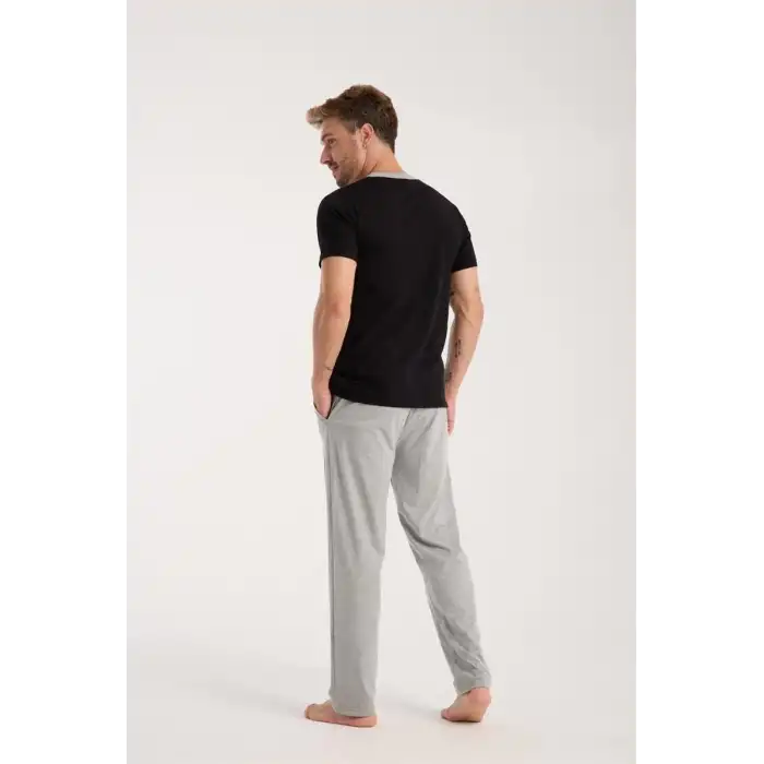 Erkek Siyah Düğmeli Yaka Kısa Kol Pijama Takımı