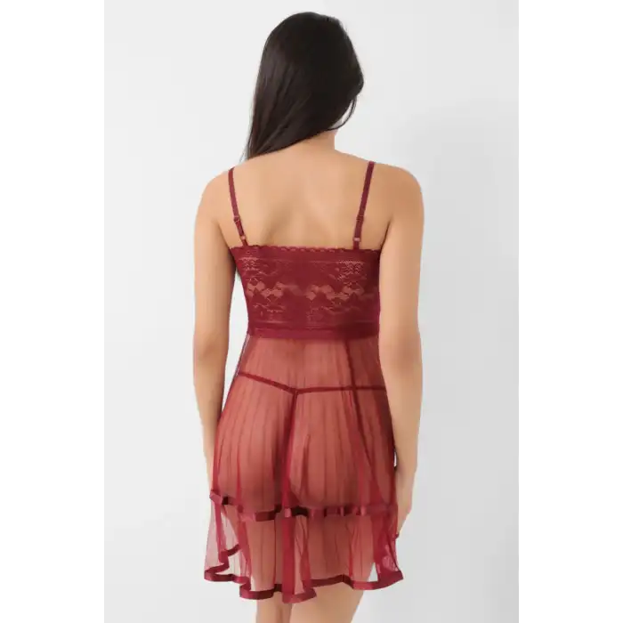 Giyim Bordo Şifon Pileli Gecelik-835