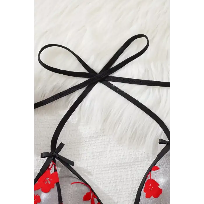 Giyim Çiçek Desenli Siyah Transparan Gecelik