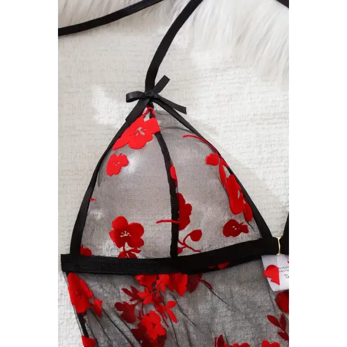 Giyim Çiçek Desenli Siyah Transparan Gecelik