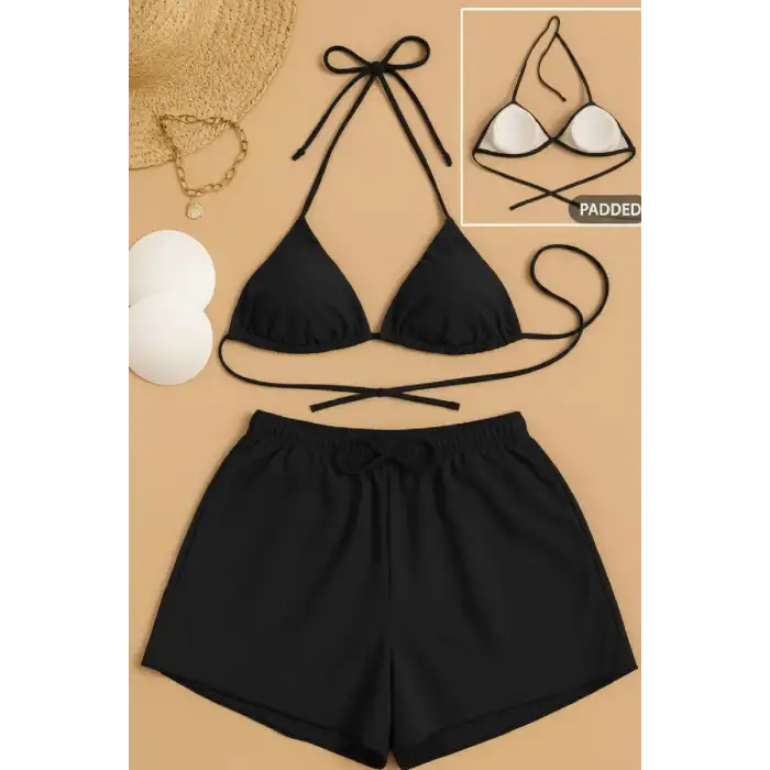 Giyim Kadın 3lü Set Siyah Şortlu Ve Yandan Bağlamalı Bikini Mayo Takımı