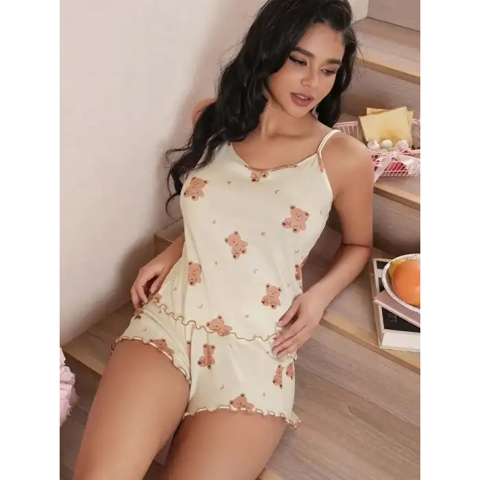 Giyim Kadın Bej Ayıcık Desenli Örme Yazlık Şort Takımı Rahat Ev Giyim