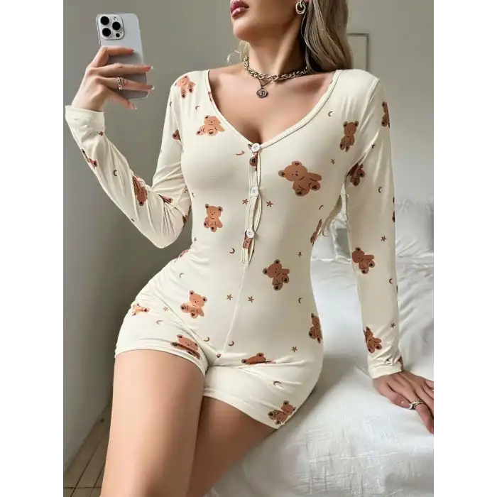 Giyim Kadın Bej Ayıcık Desenli Pijama Tulumu 5123