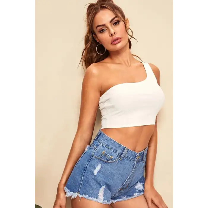 Giyim Kadın Beyaz Fit Görünümlü Tek Omuz Crop Top Büstiyer