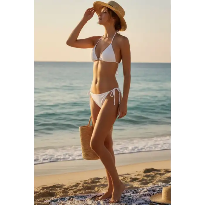 Giyim Kadın Beyaz Yandan Bağlamalı Bikini Mayo Takımı