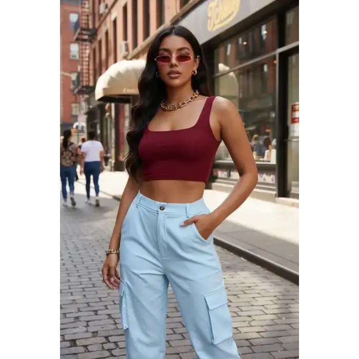 Giyim Kadın Bordo Kalın Askılı Crop Top Büstiyer Esnek Kumaş Şık Basic Kadın Üst Giyim