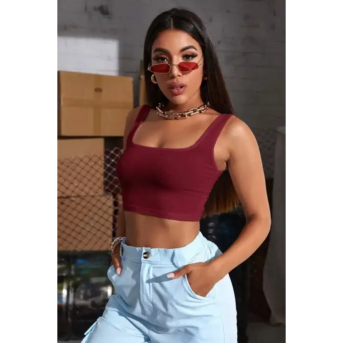 Giyim Kadın Bordo Kalın Askılı Crop Top Büstiyer Esnek Kumaş Şık Basic Kadın Üst Giyim