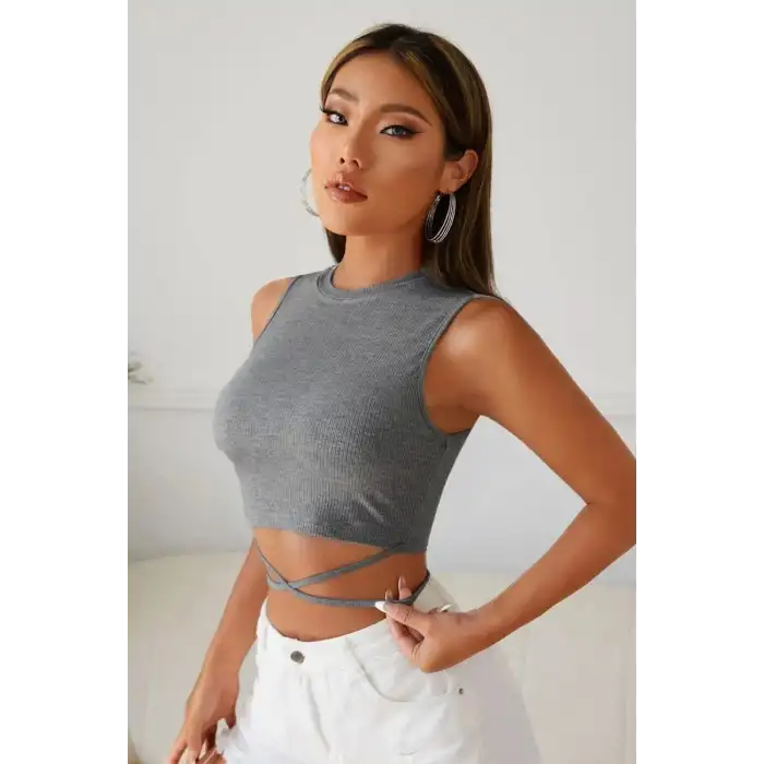 Giyim Kadın Gri Modern Fit Çapraz Bağlamalı Crop Top Büstiyer