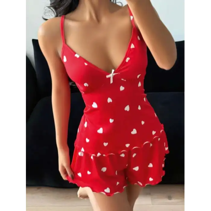 Giyim Kadın Kırmızı Kalp Desenli Şortlu Pijama Takımı Sevimli Rahat 2’li Set