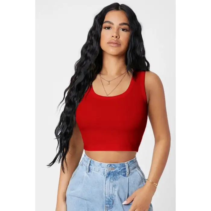 Giyim Kadın Kırmızı Modern Fit Kare Yaka Crop Top Bluz