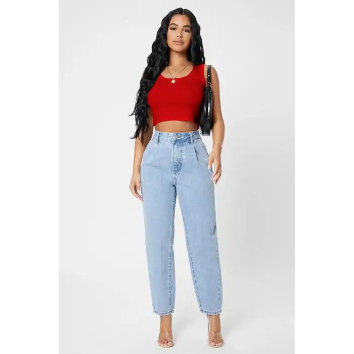 Giyim Kadın Kırmızı Modern Fit Kare Yaka Crop Top Bluz