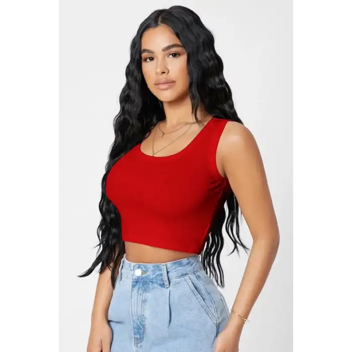 Giyim Kadın Kırmızı Modern Fit Kare Yaka Crop Top Bluz