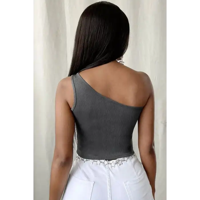 Giyim Kadın Koyu Gri Fit Görünümlü Tek Omuz Crop Top Büstiyer