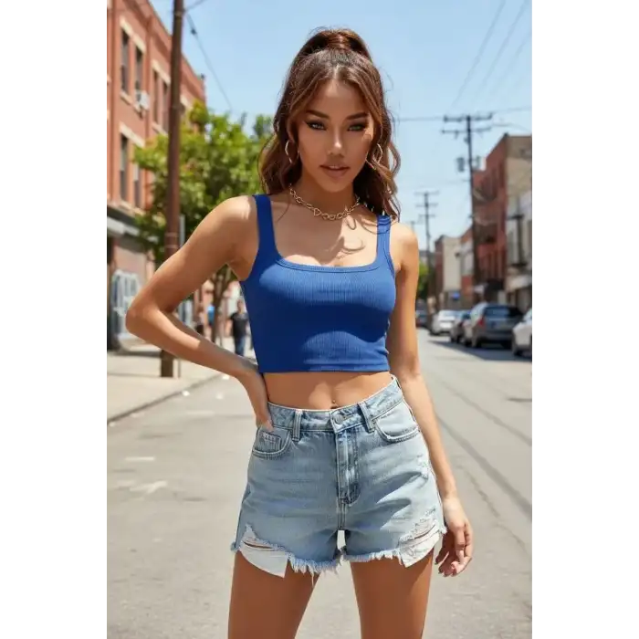 Giyim Kadın Lacivert Kalın Askılı Crop Top Büstiyer Esnek Kumaş Şık Basic Kadın Üst Giyim