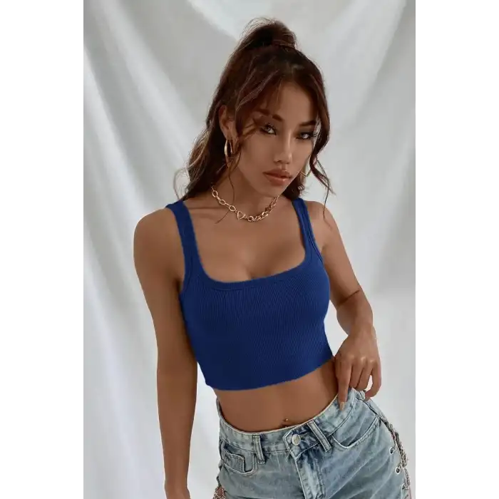Giyim Kadın Lacivert Kalın Askılı Crop Top Büstiyer Esnek Kumaş Şık Basic Kadın Üst Giyim