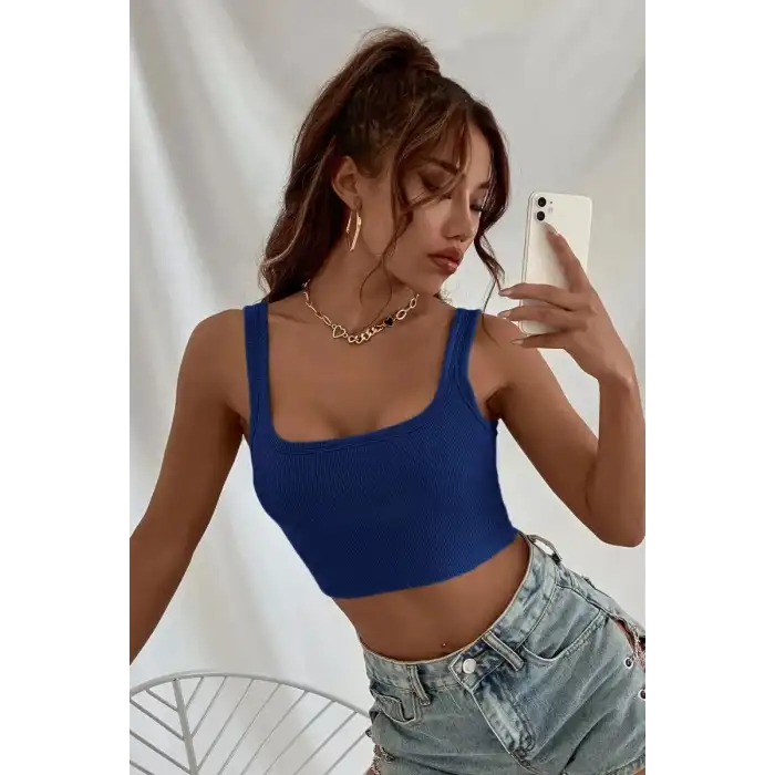 Giyim Kadın Lacivert Kalın Askılı Crop Top Büstiyer Esnek Kumaş Şık Basic Kadın Üst Giyim