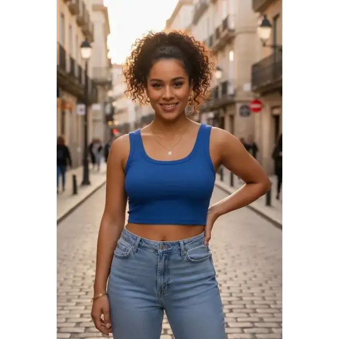 Giyim Kadın Lacivert Modern Fit Kare Yaka Crop Top Bluz