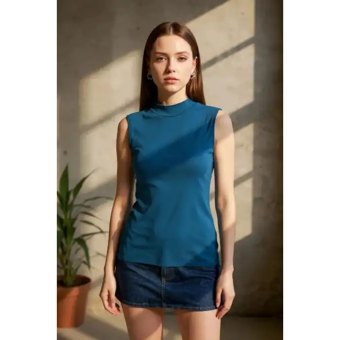 Giyim Kadın Mavi Kolsuz Balıkçı Yaka Basic Bluz Esnek Şık Üst Giyim