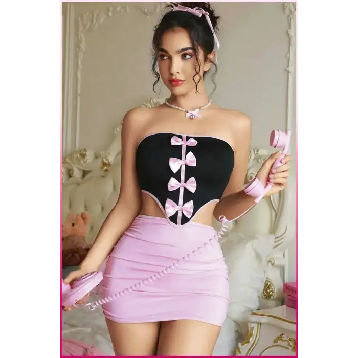 Giyim Kadın Pembe Ekose Etekli Seksi Kostüm