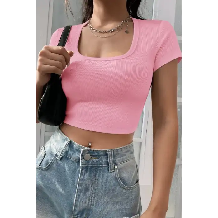 Giyim Kadın Pembe Şık Kesim Yarım Kol Crop Bluz