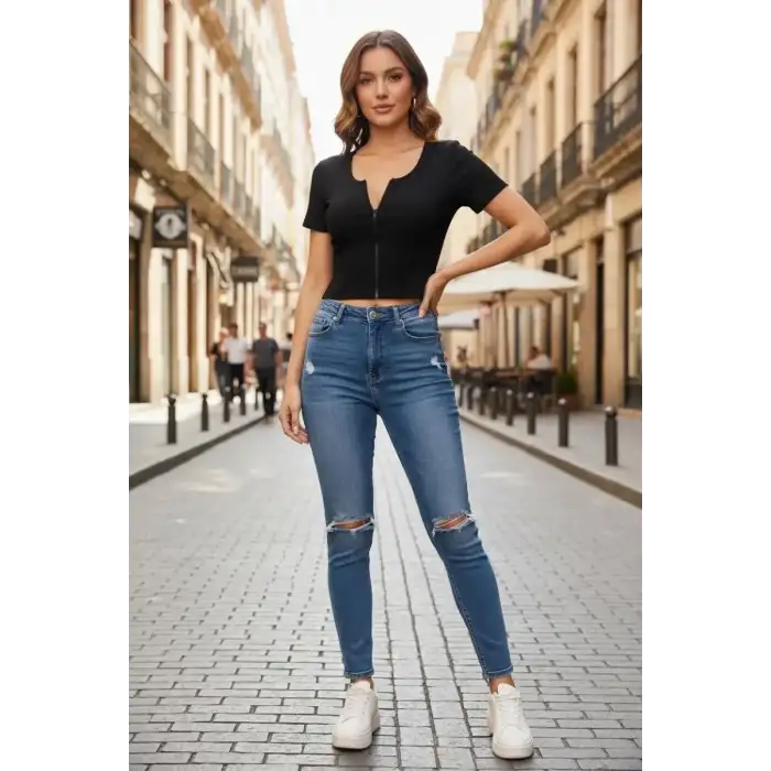 Giyim Kadın Siyah Çift Fermuarlı Modern Yarım Kol Crop Top Bluz