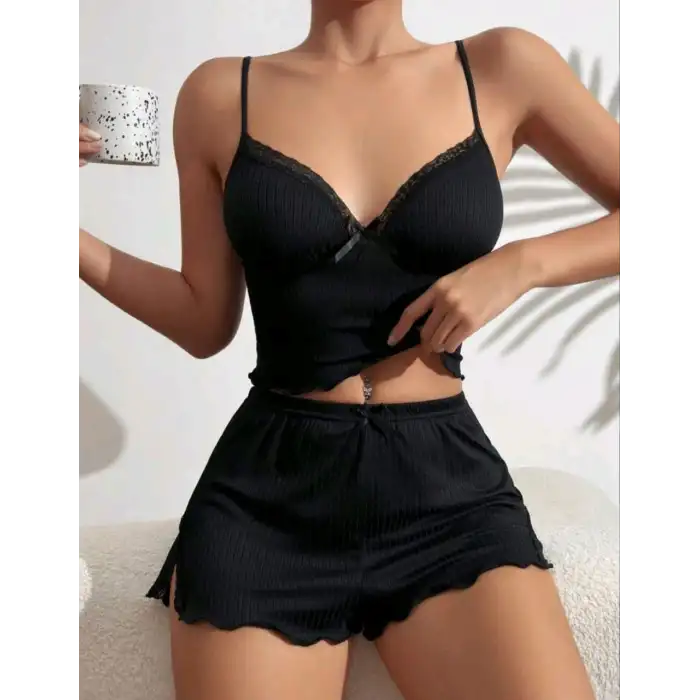 Giyim Kadın Siyah Şortlu Gecelik Takım 6639