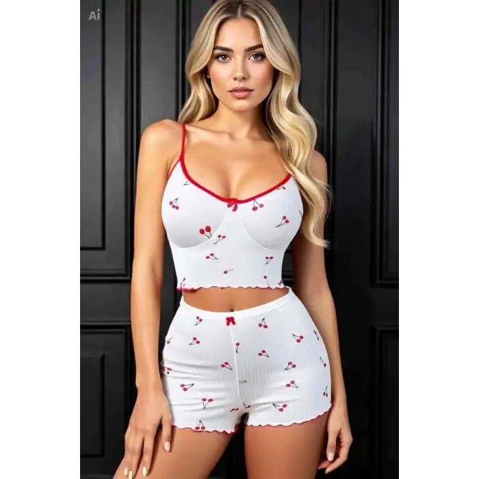 Giyim Kadın Vişne Motifli Dantel Askılı Şortlu Rahat Pijama Takımı