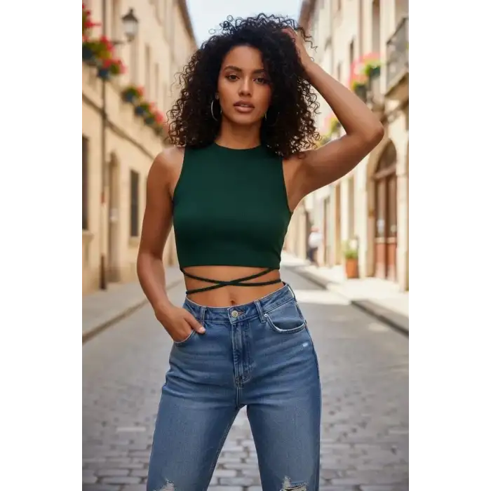 Giyim Kadın Yeşil Modern Fit Çapraz Bağlamalı Crop Top Büstiyer