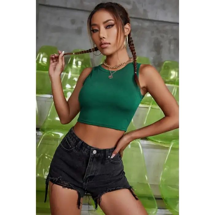 Giyim Kadın Yeşil Modern Fit Kare Yaka Crop Top Bluz