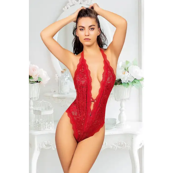 Giyim Kırmızı Çift Çapraz İpli Bodysuit - 891