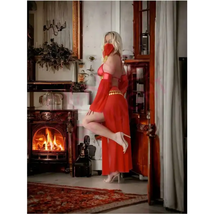 Giyim Kırmızı Peçeli Dansöz Kıyefeti