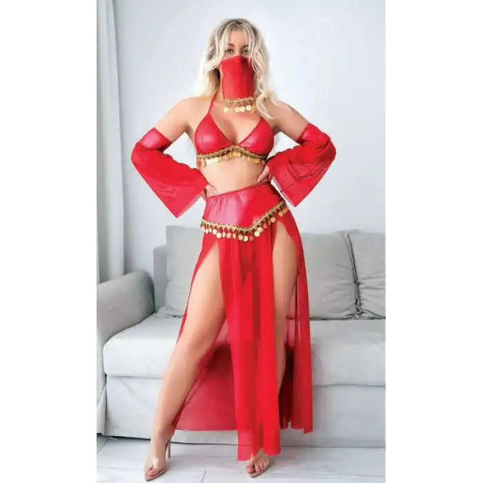 Giyim Kırmızı Peçeli Seksi Dansöz Kostümü