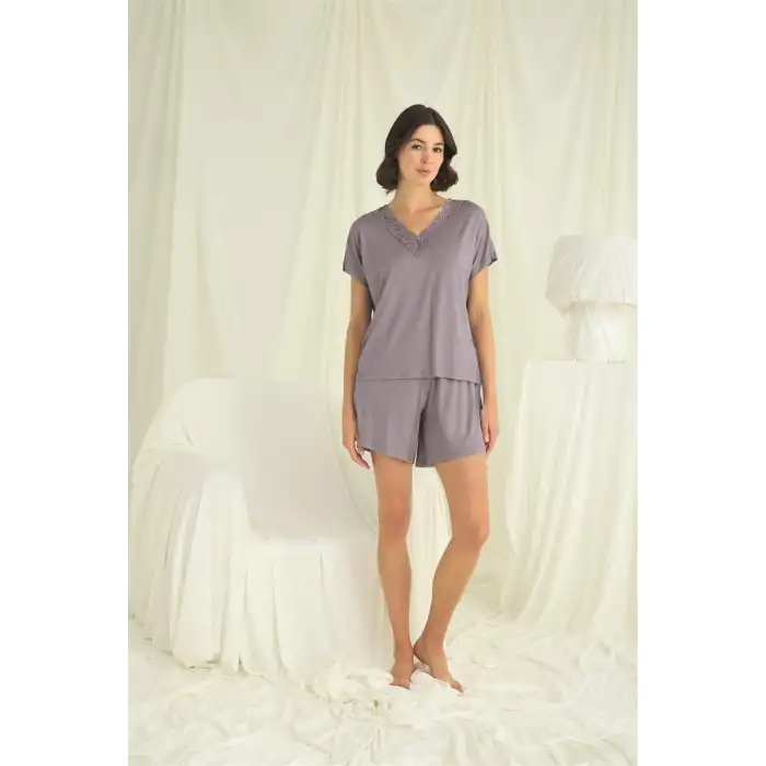 Giyim Kısa Kollu Dantelli V Yaka Şort Takımı