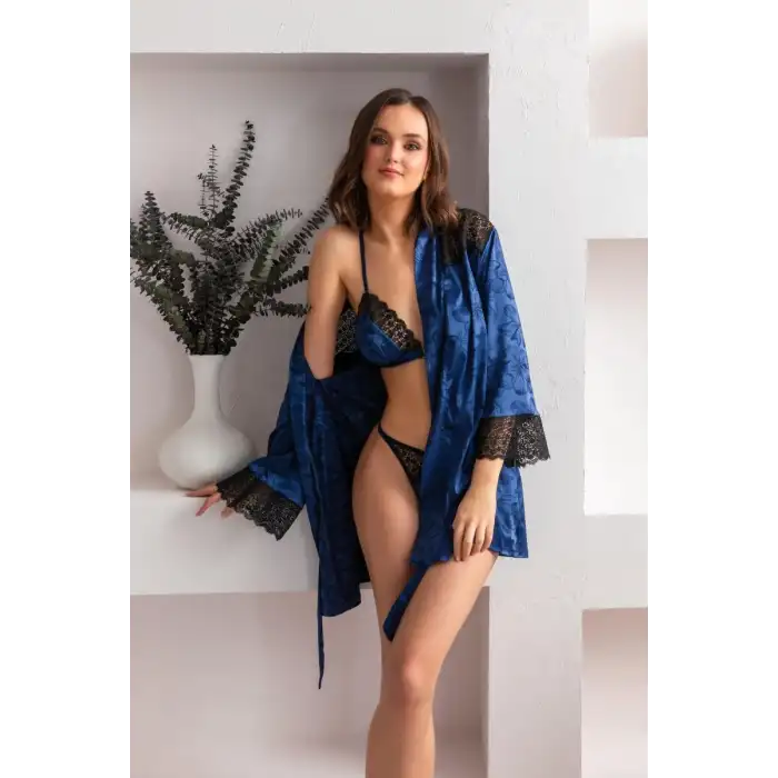 Giyim Kuşaklı Mini Boy Sabahlık Lacivert