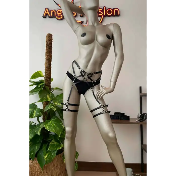 Giyim Siyah Deri Bacak Harness - Brf214
