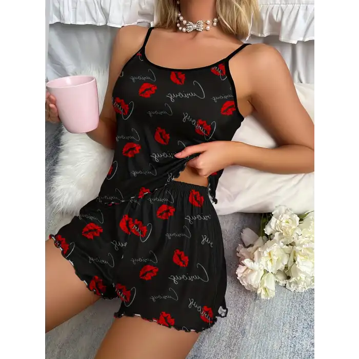 Giyim Siyah Dudak Desenli 2li Şortlu Takım