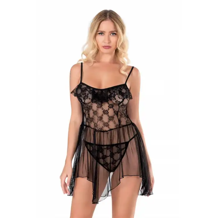 Giyim Siyah Kısa Tül Gecelik