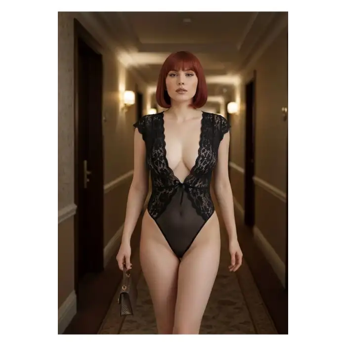 Giyim Siyah Yarım Kol Dantel Bodysuit - 895