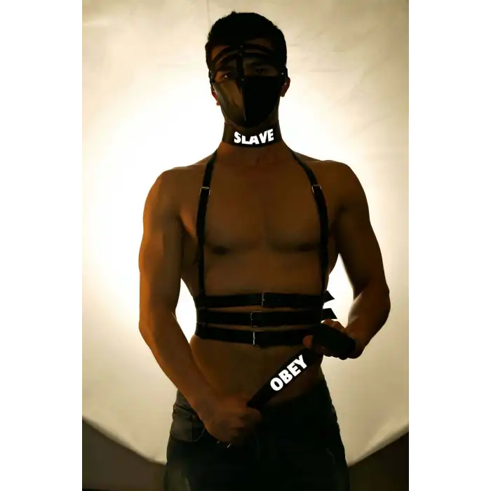 Giyim Slave Ve Obey Baskılı Reflektörlü Deri Choker