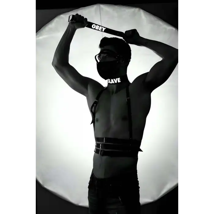 Giyim Slave Ve Obey Baskılı Reflektörlü Deri Choker