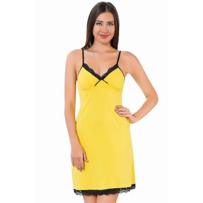 İp Askılı Gecelik Sarı - Siyah