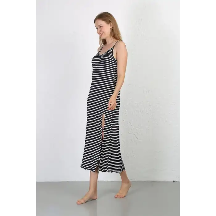 İp Askılı Uzun Yırtmaçlı Penye Gecelik