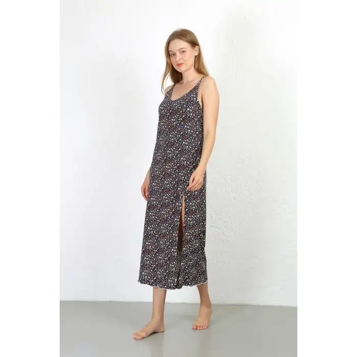 İp Askılı Uzun Yırtmaçlı Penye Gecelik Lacivert