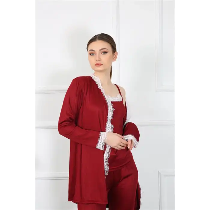 Kadın 3lü Bordo Sabahlık Takım