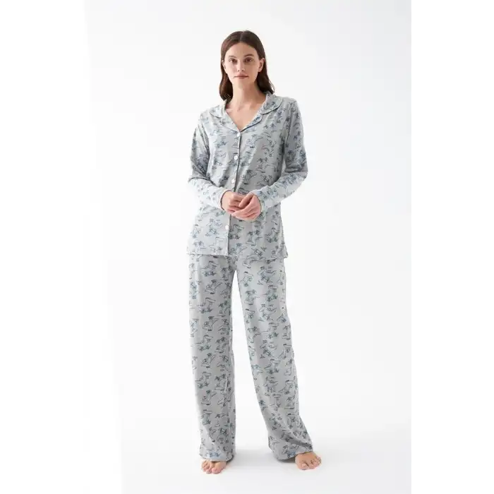 Kadın Gri Desenli Düğmeli Pamuklu Pijama Takımı