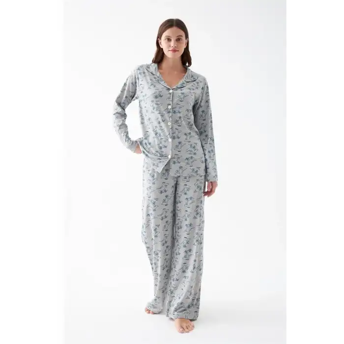 Kadın Gri Desenli Düğmeli Pamuklu Pijama Takımı