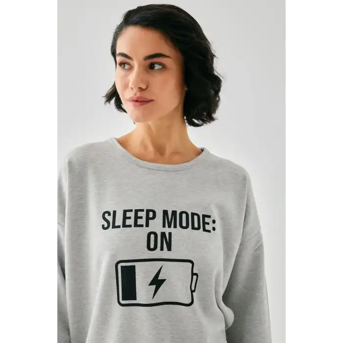 Kadın Gri Sleep Mode ON Oversize 2 İplik Eşofman Ev Giyim Takımı
