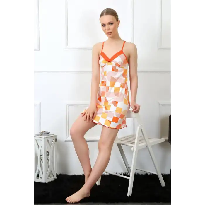 Kadın İp Askılı Penye Gecelik Turuncu